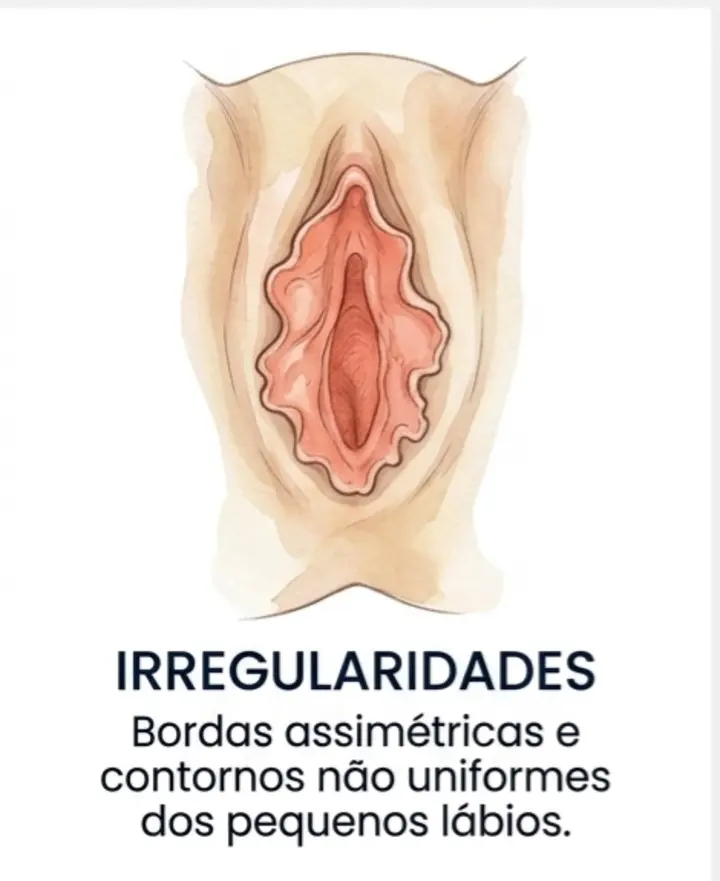 Ilustração educativa de irregularidades e contornos assimétricos dos pequenos lábios